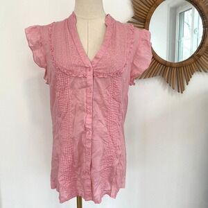 Vintage Y2K Esprit Pink Ruffle V Neck Button Up Girly Coquette Blouse L